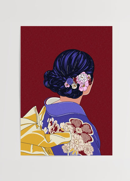 Geleneksel Japon kıyafeti giymiş kadın figürlü modern illüstrasyon posteri.