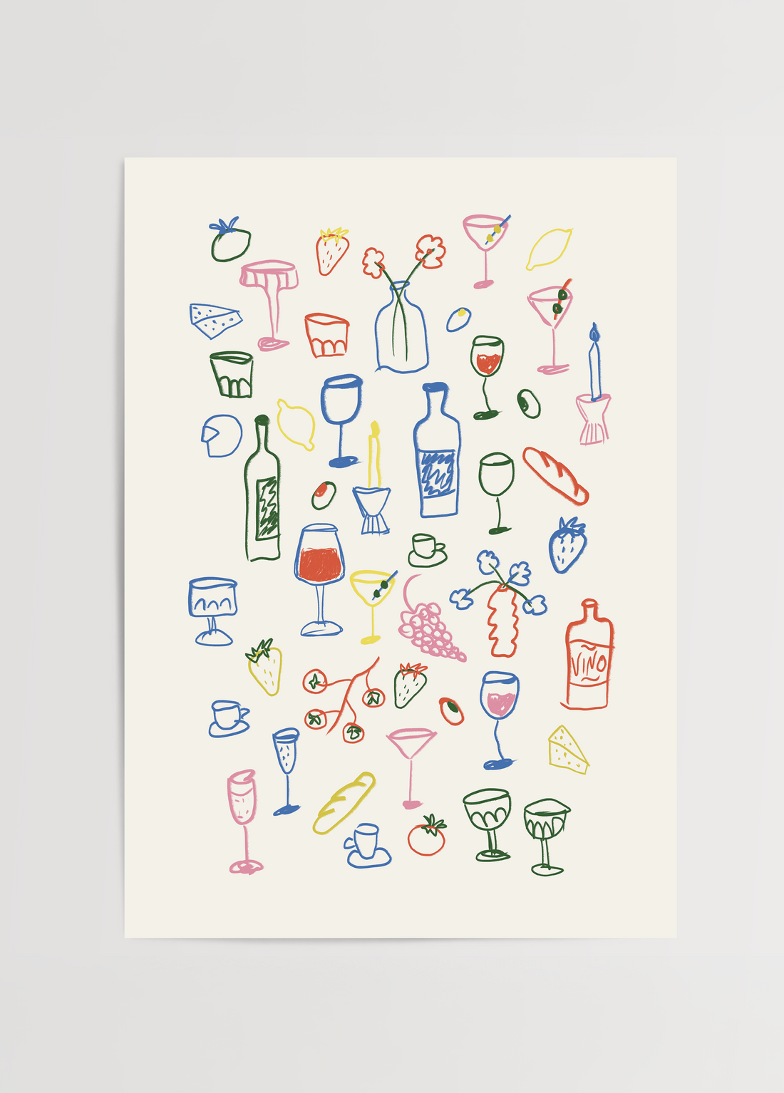 Renkli çizimlerle içki kadehleri, peynir, meyve ve objelerden oluşan eğlenceli aperitivo temalı illüstratif poster