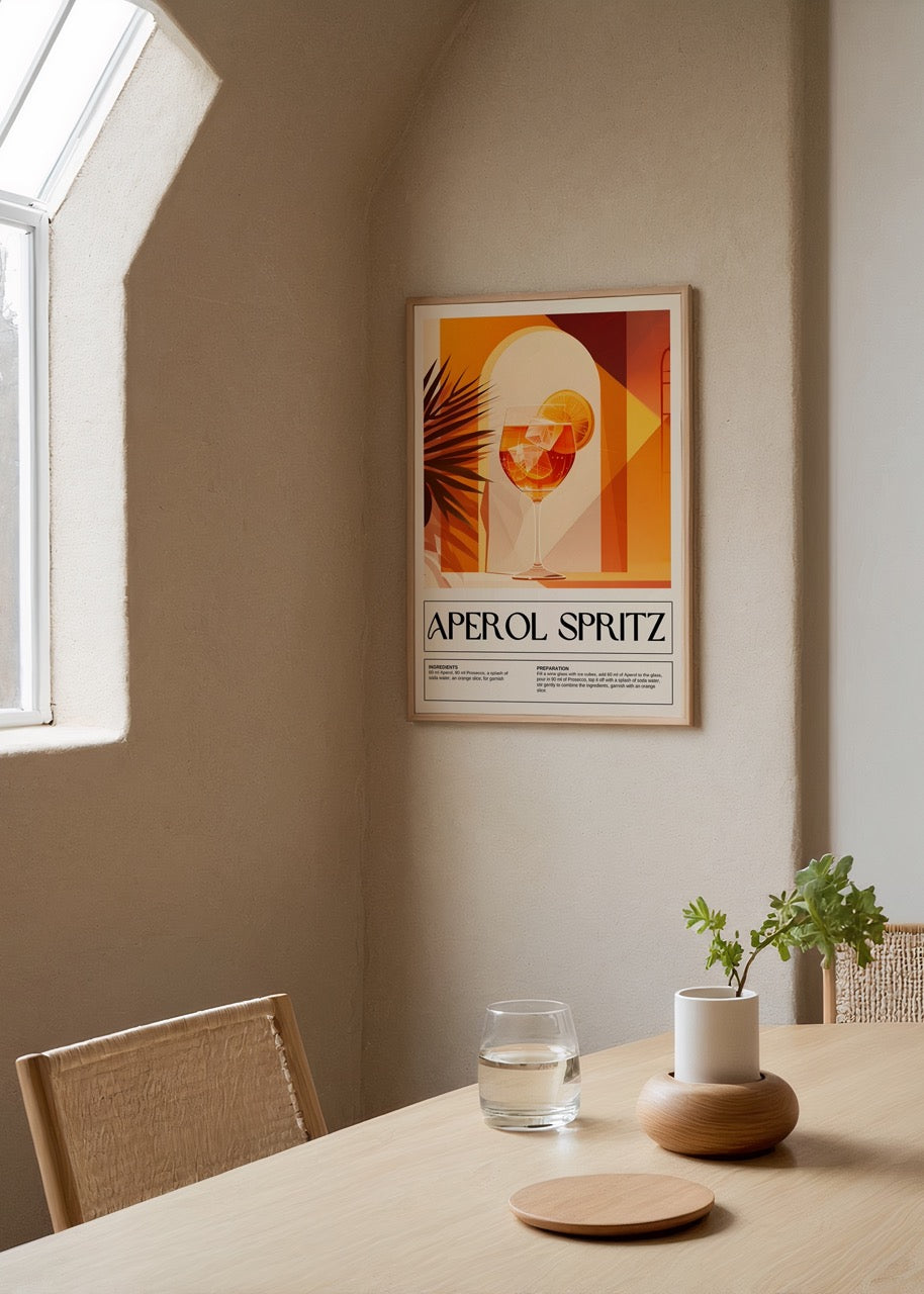 Modern illüstrasyon stilinde Aperol Spritz kokteyl temalı duvar posteri.