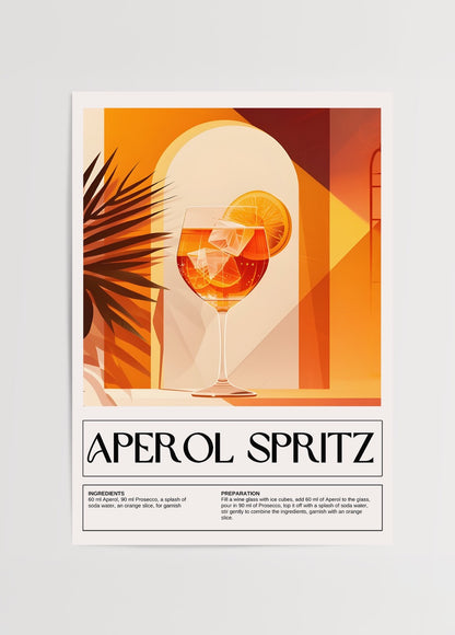 Modern illüstrasyon stilinde Aperol Spritz kokteyl temalı duvar posteri.
