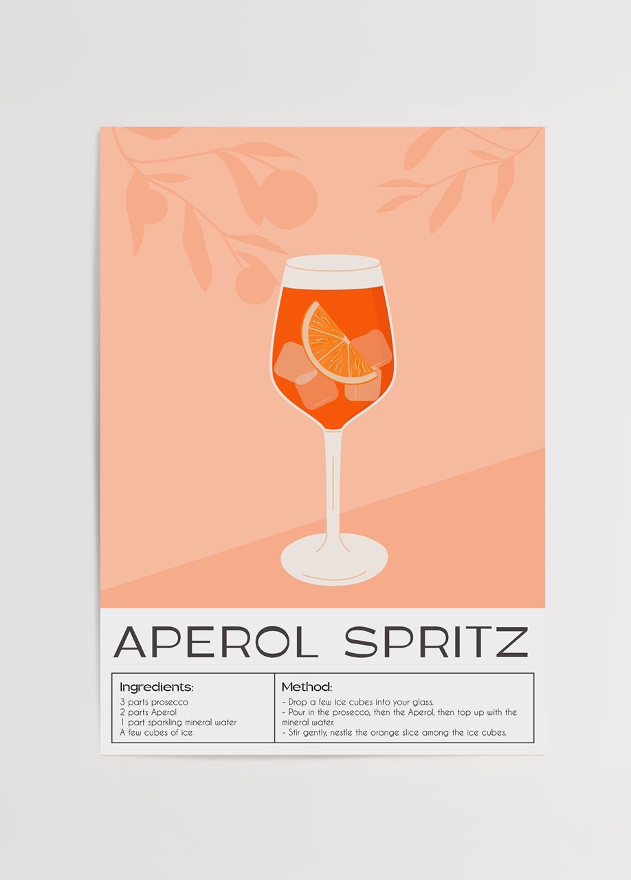 Aperol Spritz içkisi temalı illüstrasyon poster baskı, şeftali tonlarında tasarlanmış modern mutfak duvar dekorasyonu.
