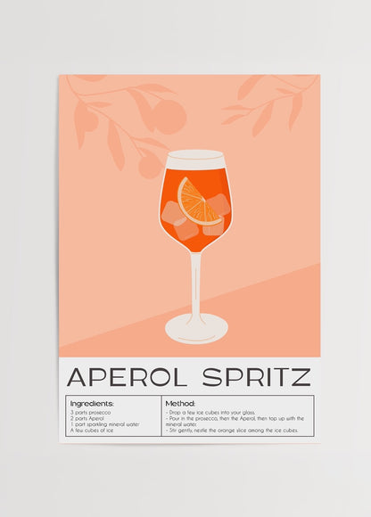 Aperol Spritz içkisi temalı illüstrasyon poster baskı, şeftali tonlarında tasarlanmış modern mutfak duvar dekorasyonu.