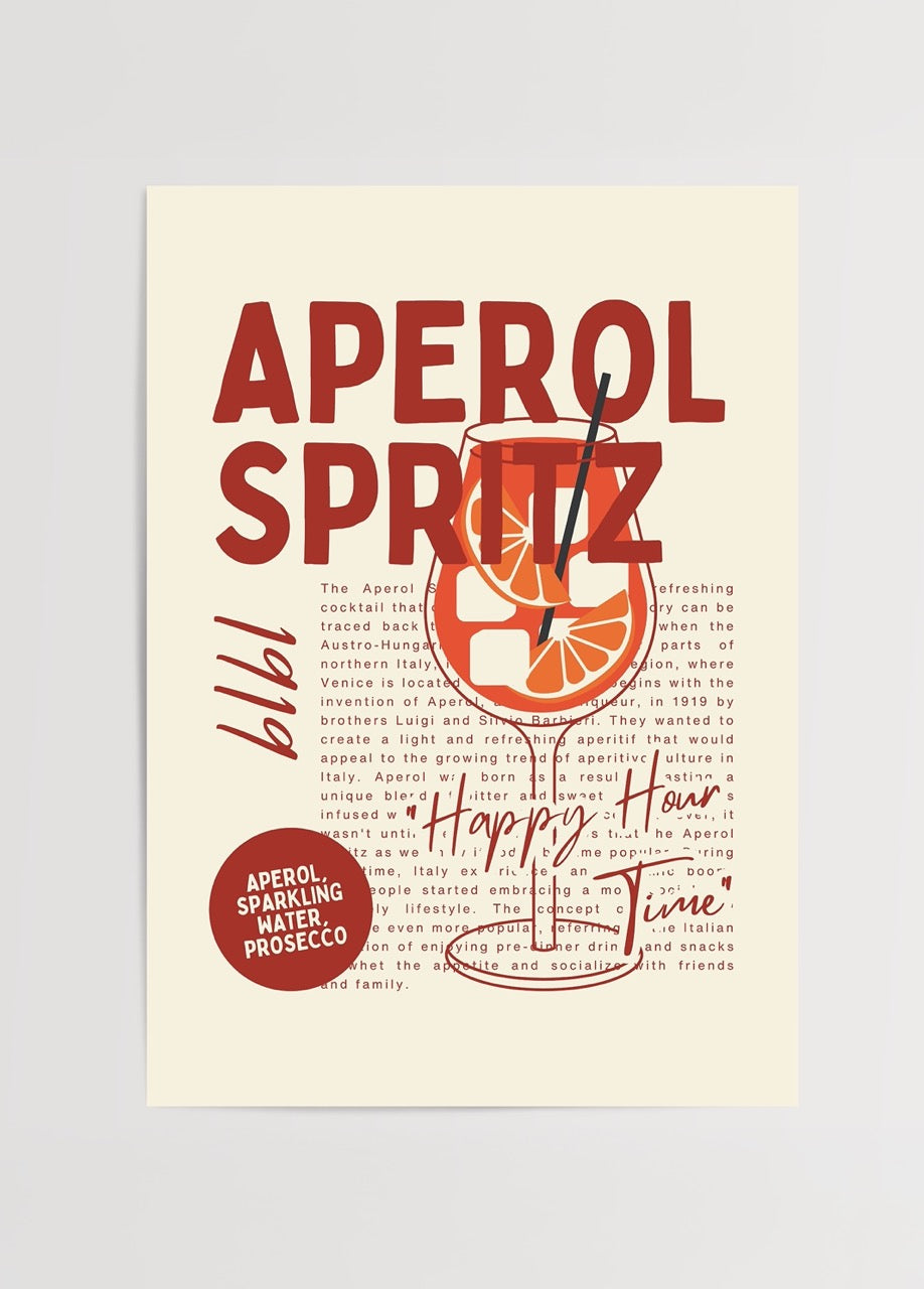 Bej zemin üzerinde kırmızı retro tipografi ile tasarlanmış Aperol Spritz kokteyl posteri