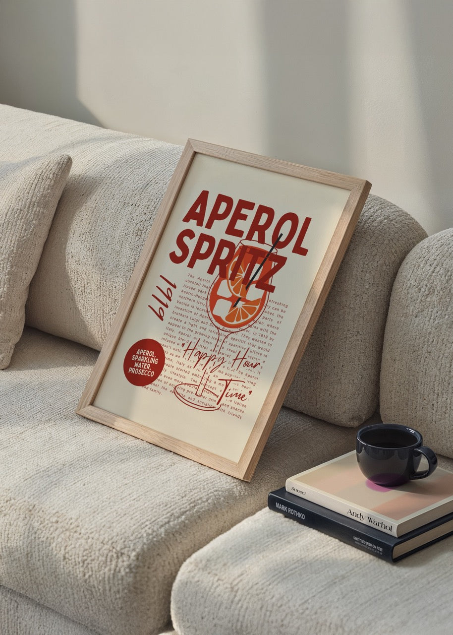 Bej zemin üzerinde kırmızı retro tipografi ile tasarlanmış Aperol Spritz kokteyl posteri
