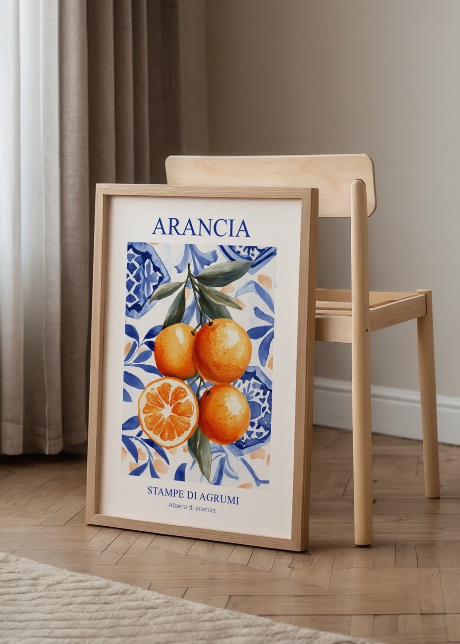 Akdeniz seramik desenleri üzerinde portakal illüstrasyonlu Arancia poster baskısı