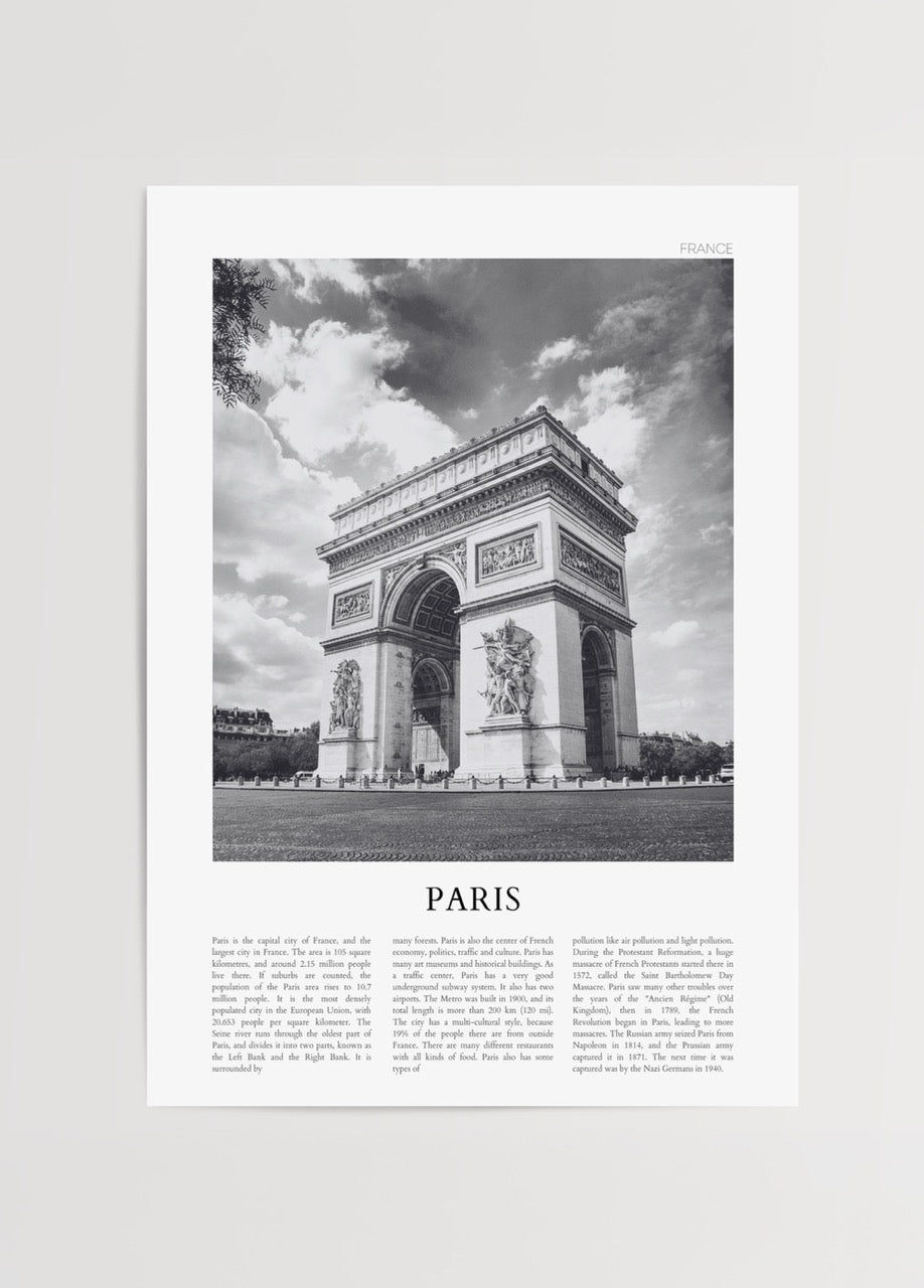Paris Arc de Triomphe, siyah beyaz şehir posteri, geniş açı mimari baskı, zafer takı posteri