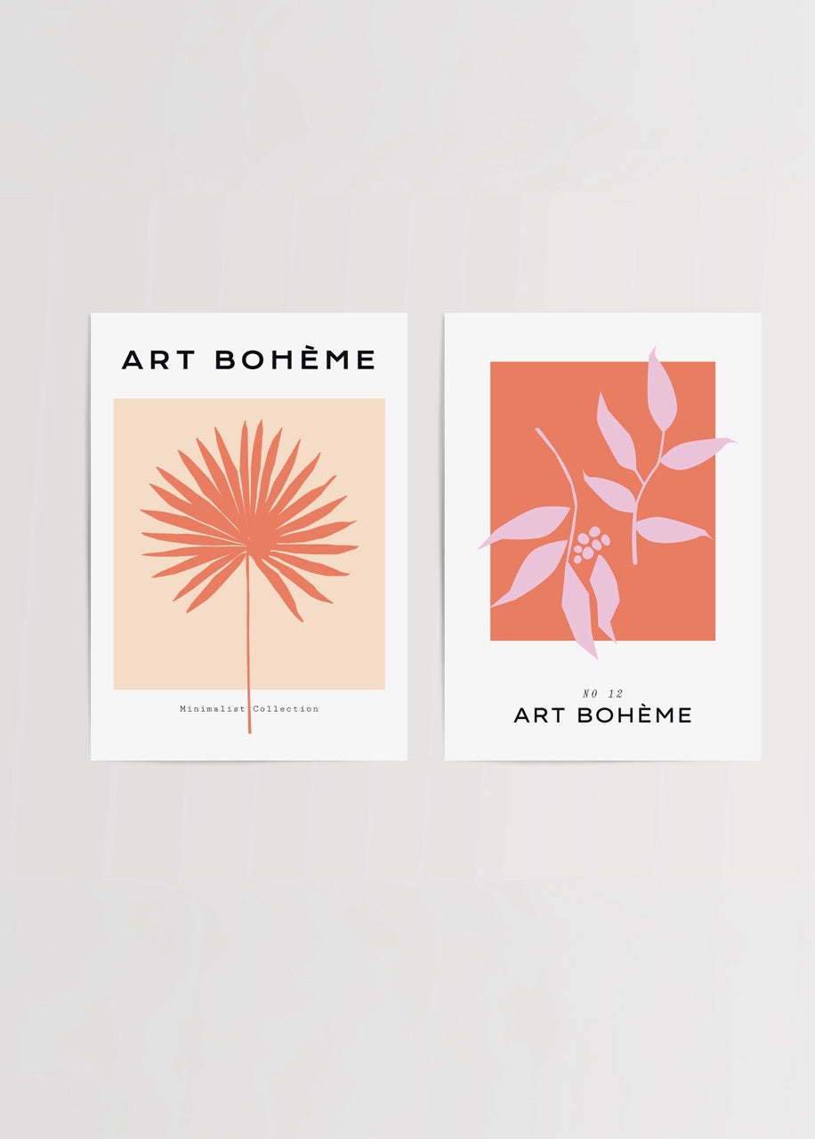 Art Bohème stilinde palmiye ve botanik formlu minimalist ikili poster seti