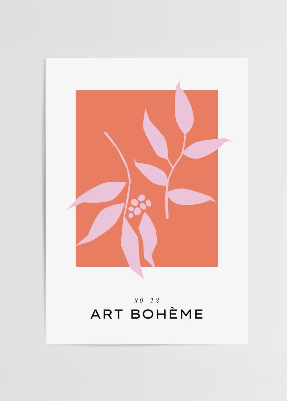 Mercan zemin üzerine mor yaprak çizimli Art Bohème No 12 minimal poster