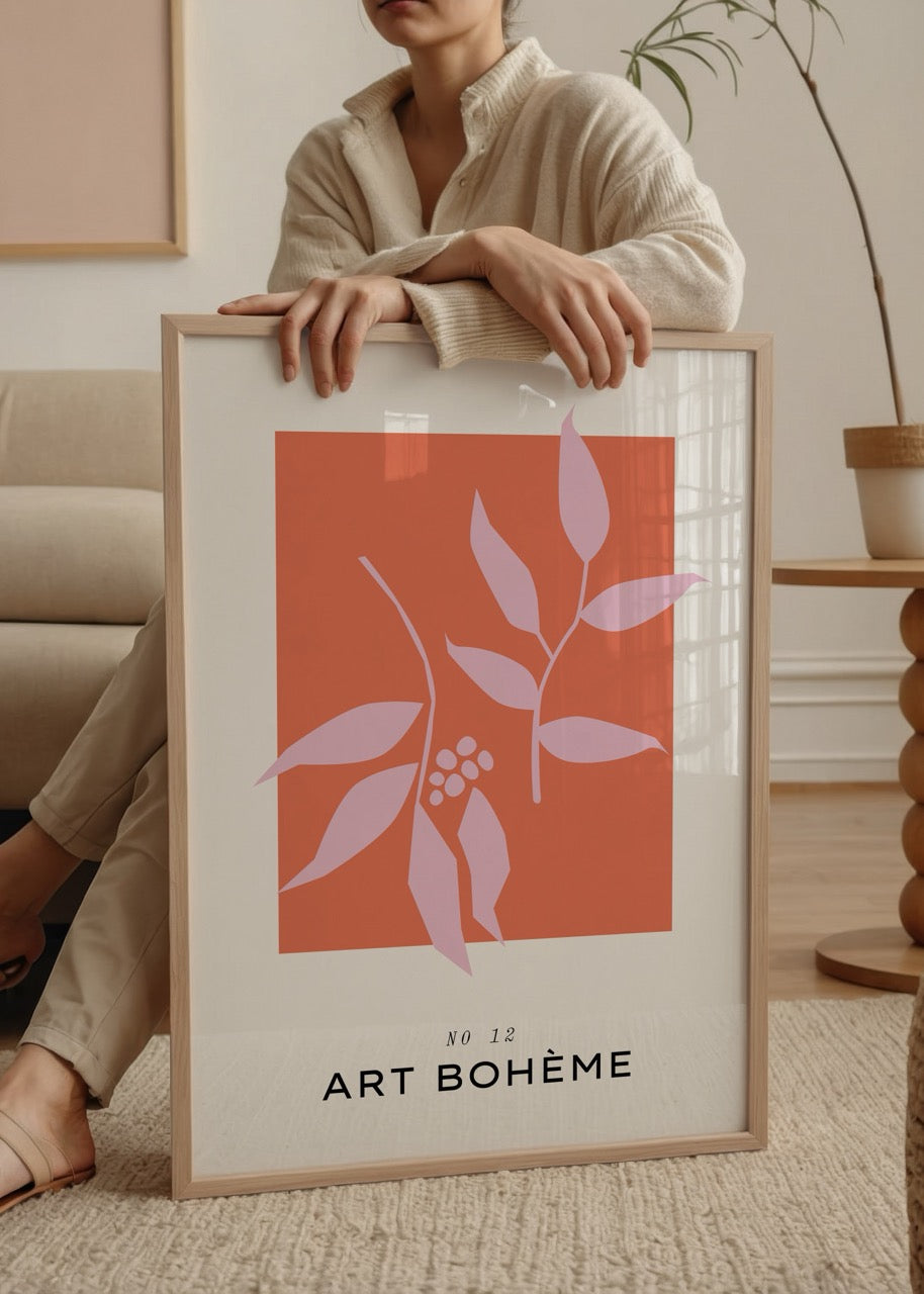 Mercan zemin üzerine mor yaprak çizimli Art Bohème No 12 minimal poster