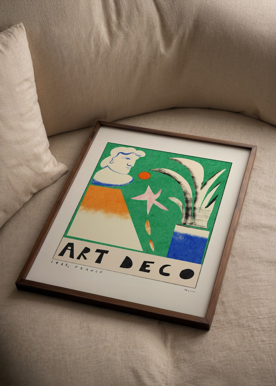 Mavisu Demirağ imzalı Art Deco posteri, 1920’ler Fransa esintili geometrik desenli, retro-modern sanat baskısı.