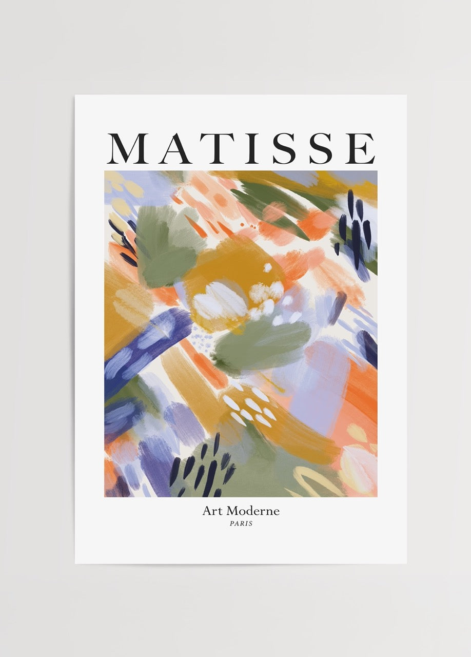 Art Moderne başlıklı, turuncu, yeşil, lila ve sarı tonlarında Matisse tarzı soyut poster baskısı