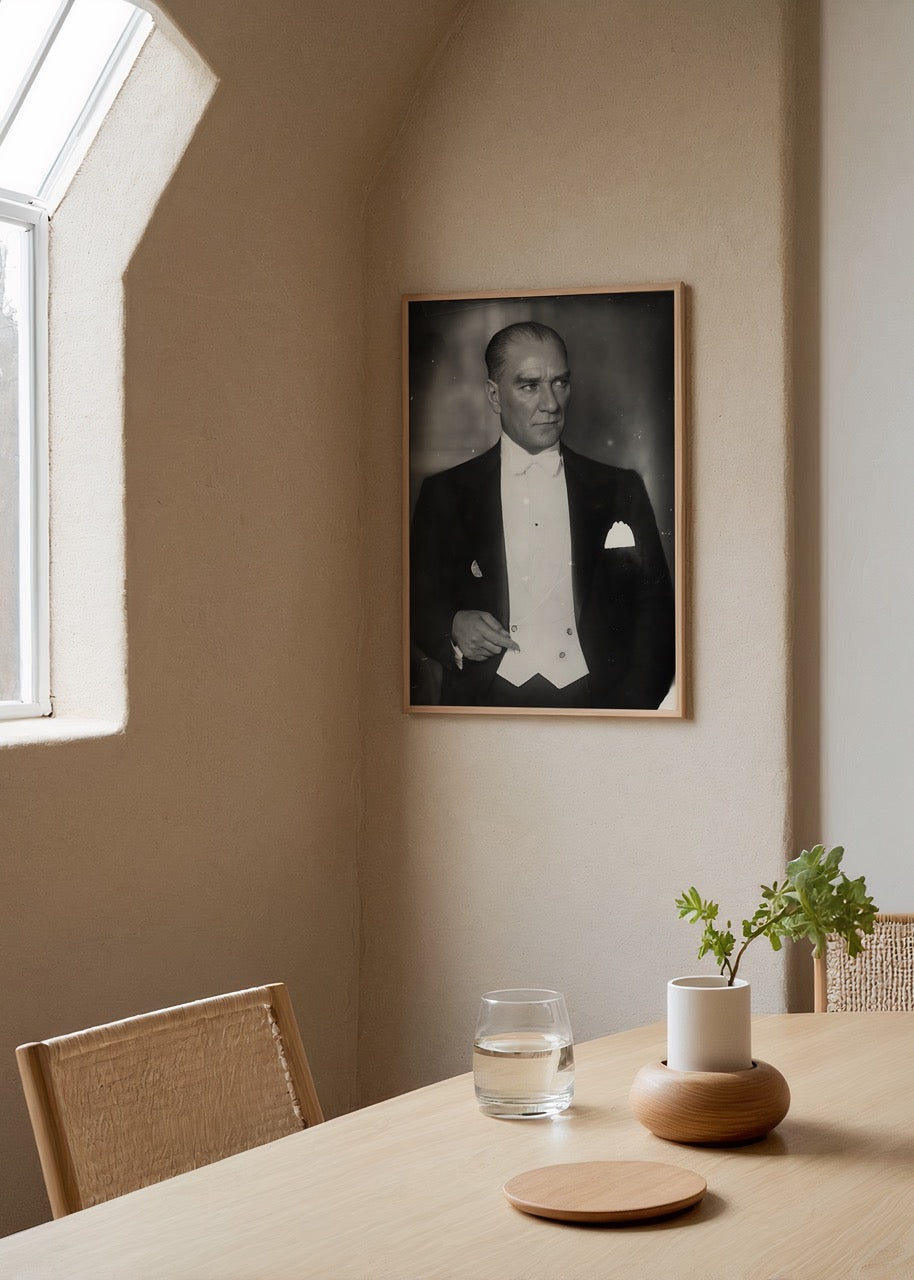 Mustafa Kemal Atatürk’ün beyaz papyon takarak verdiği siyah beyaz resmi portre posteri