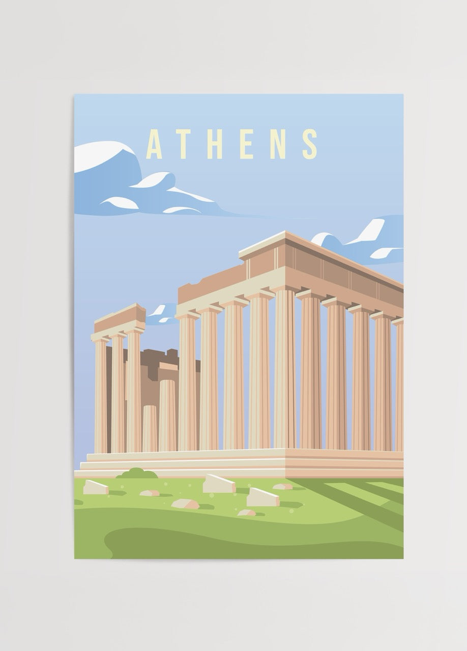 Atina Akropolis’ini ve Parthenon tapınağını gösteren modern illüstrasyon poster