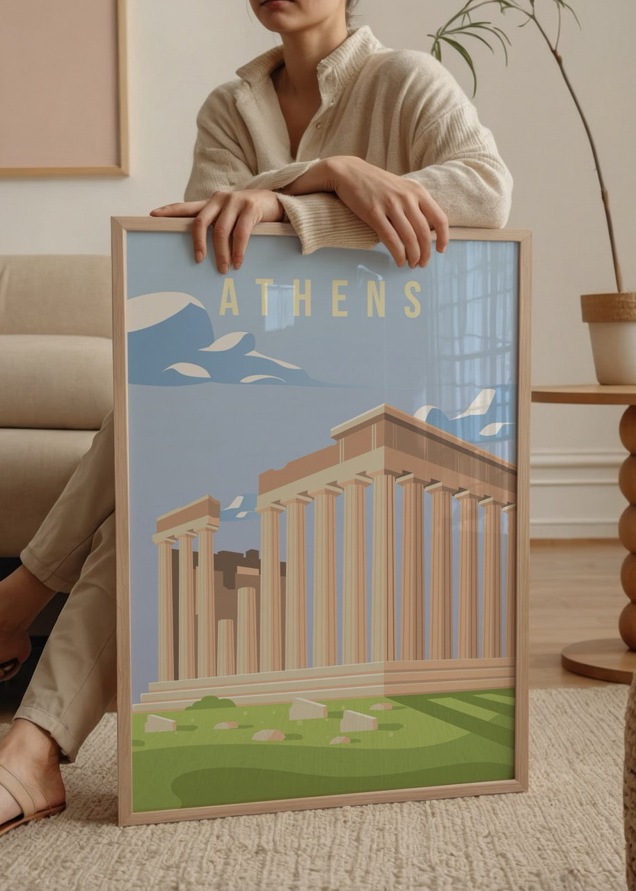 Atina Akropolis’ini ve Parthenon tapınağını gösteren modern illüstrasyon poster