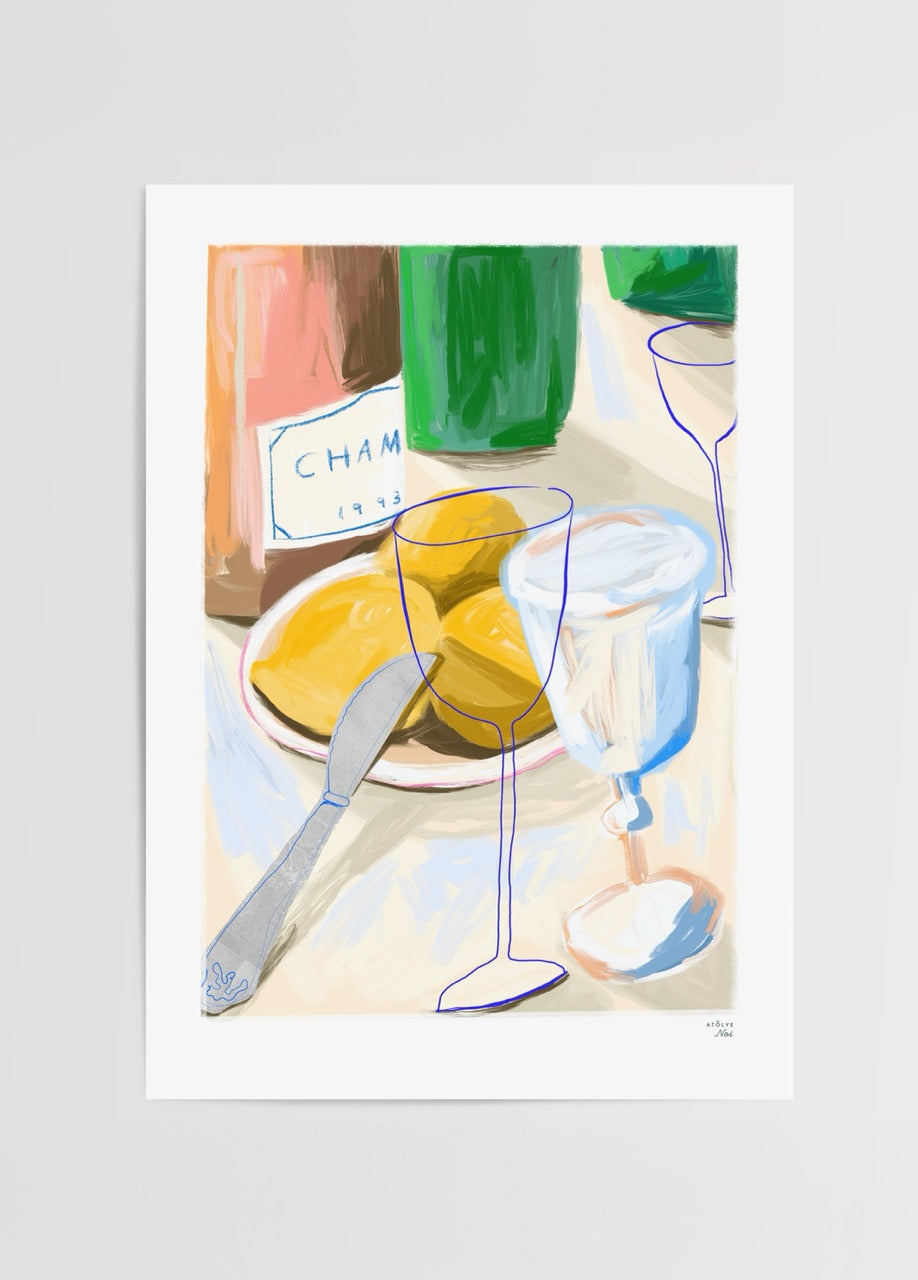 Atölye Noi Lemon Poster – pastel tonlarda limon, şampanya ve bardak illüstrasyonu