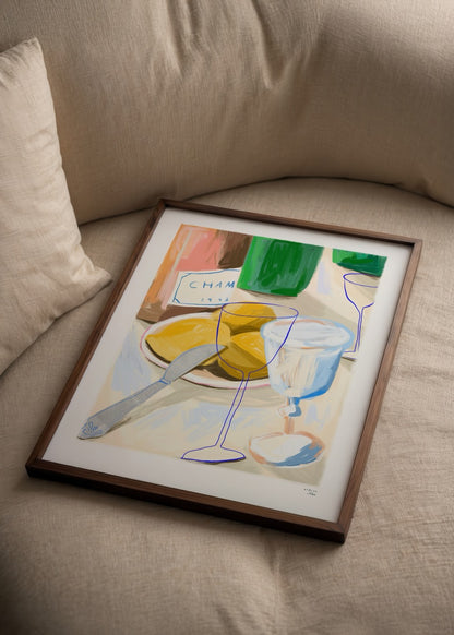 Atölye Noi Lemon Poster – pastel tonlarda limon, şampanya ve bardak illüstrasyonu