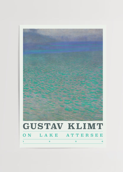 Gustav Klimt’in Attersee Gölü eserinden ilhamla tasarlanmış mavi-yeşil tonlarında soyut doğa posteri.