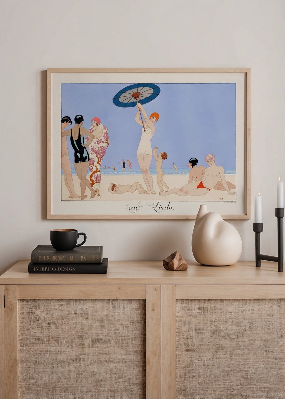 art deco plaj sahnesi vintage deniz posteri au lido 1920ler illüstrasyon