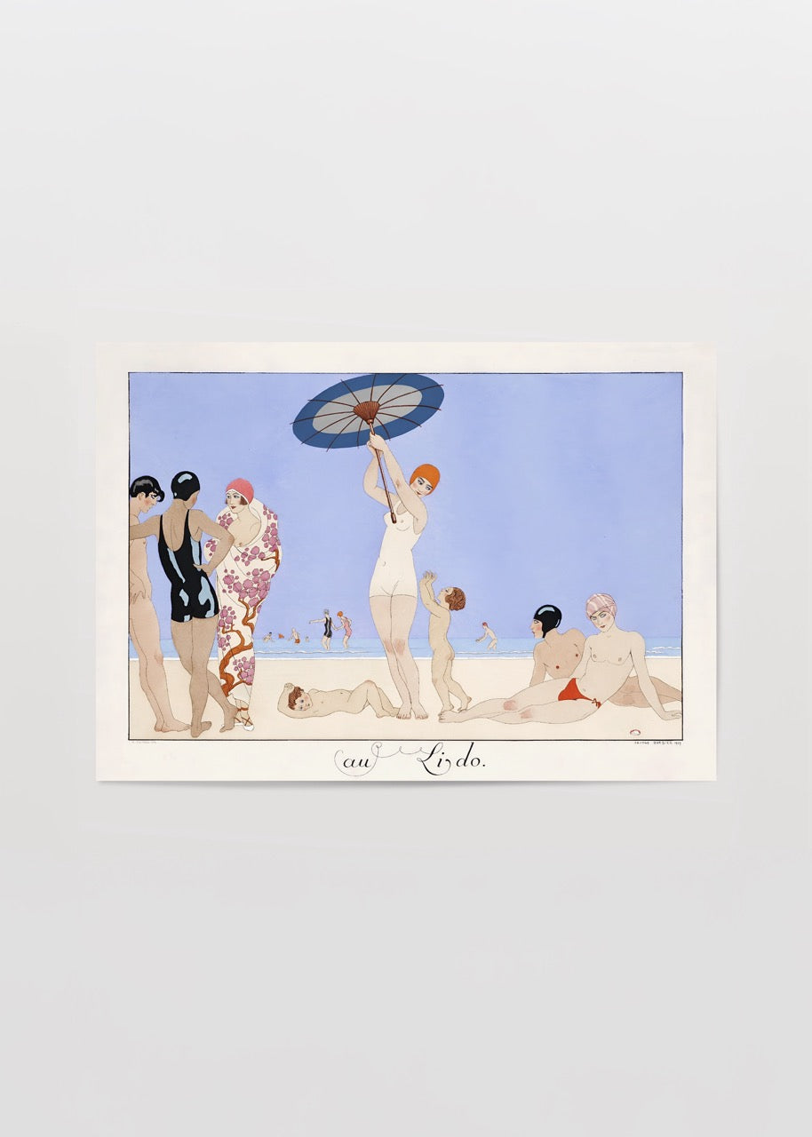 art deco plaj sahnesi vintage deniz posteri au lido 1920ler illüstrasyon