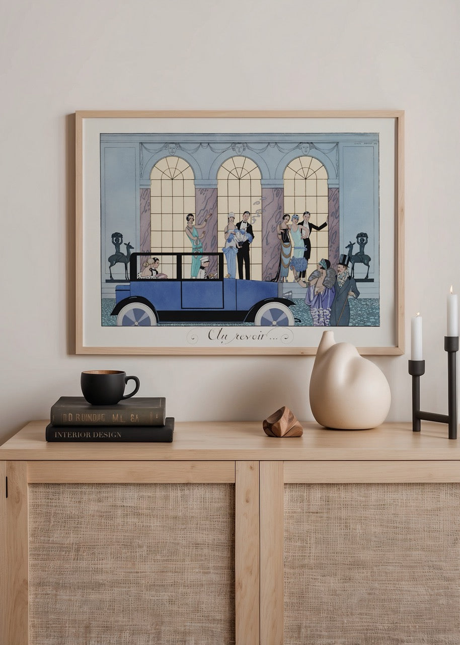 art deco stilinde gece çıkışı sahnesi ve vintage araba illüstrasyonu