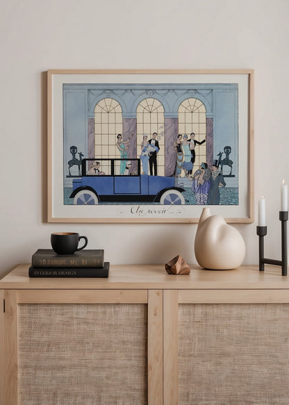 art deco stilinde gece çıkışı sahnesi ve vintage araba illüstrasyonu