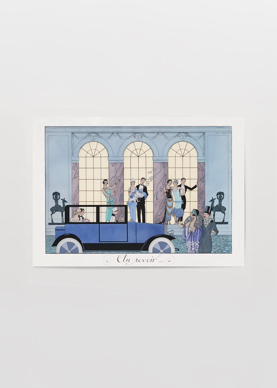 art deco stilinde gece çıkışı sahnesi ve vintage araba illüstrasyonu