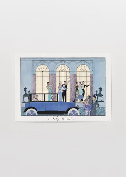 art deco stilinde gece çıkışı sahnesi ve vintage araba illüstrasyonu