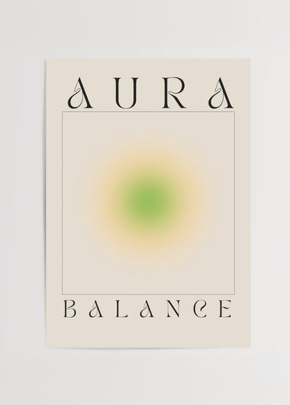 Aura Balance yeşil ve bej geçişli denge temalı minimalist poster