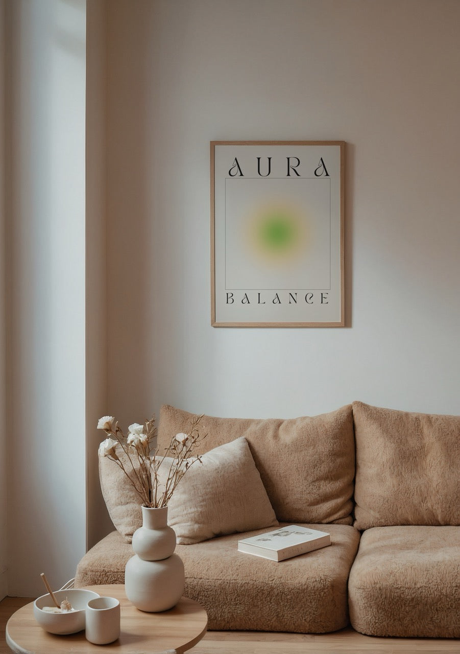 Aura Balance yeşil ve bej geçişli denge temalı minimalist poster