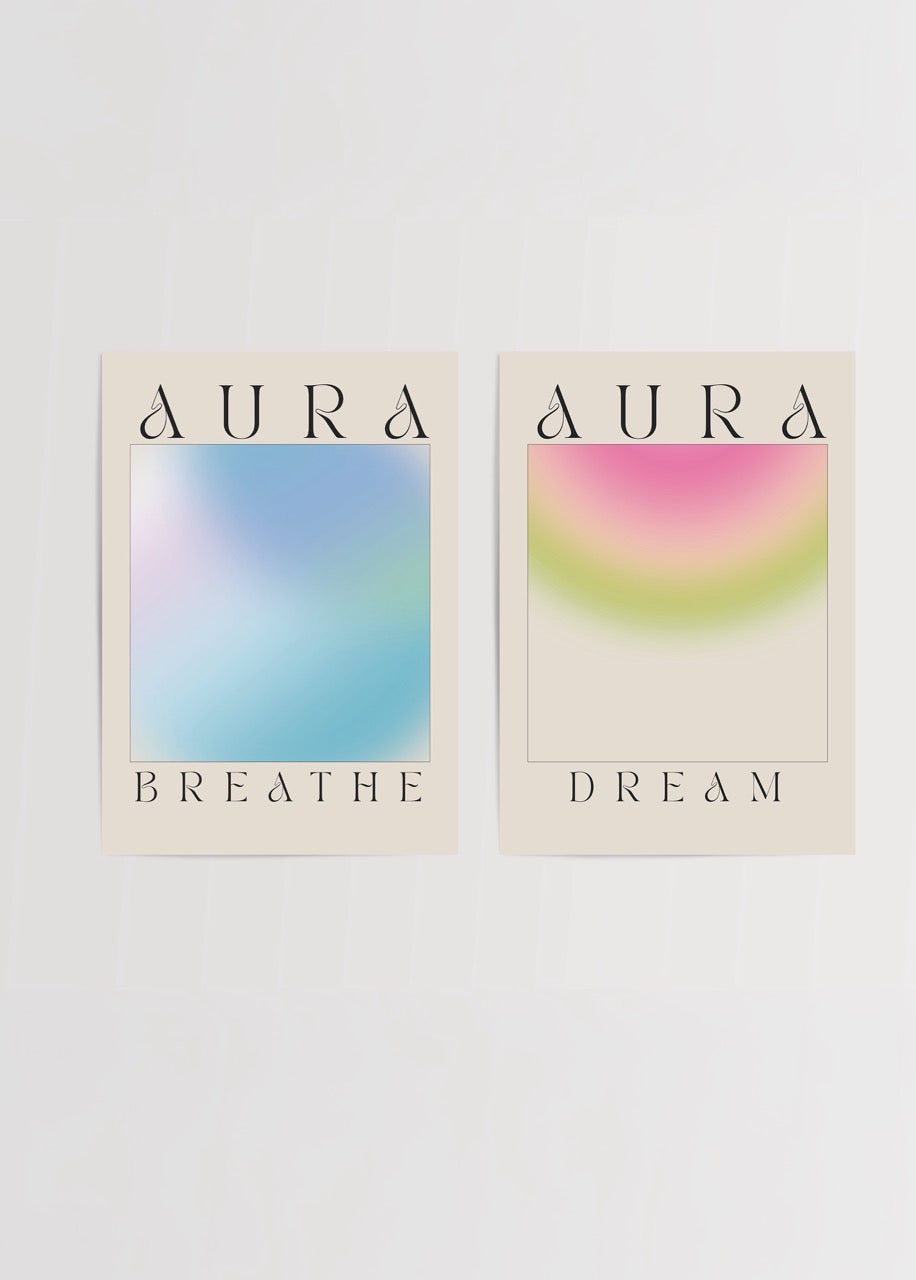 Aura Breathe &amp; Dream ikili poster seti – pastel renkli minimalist aura sanatı duvar dekoru