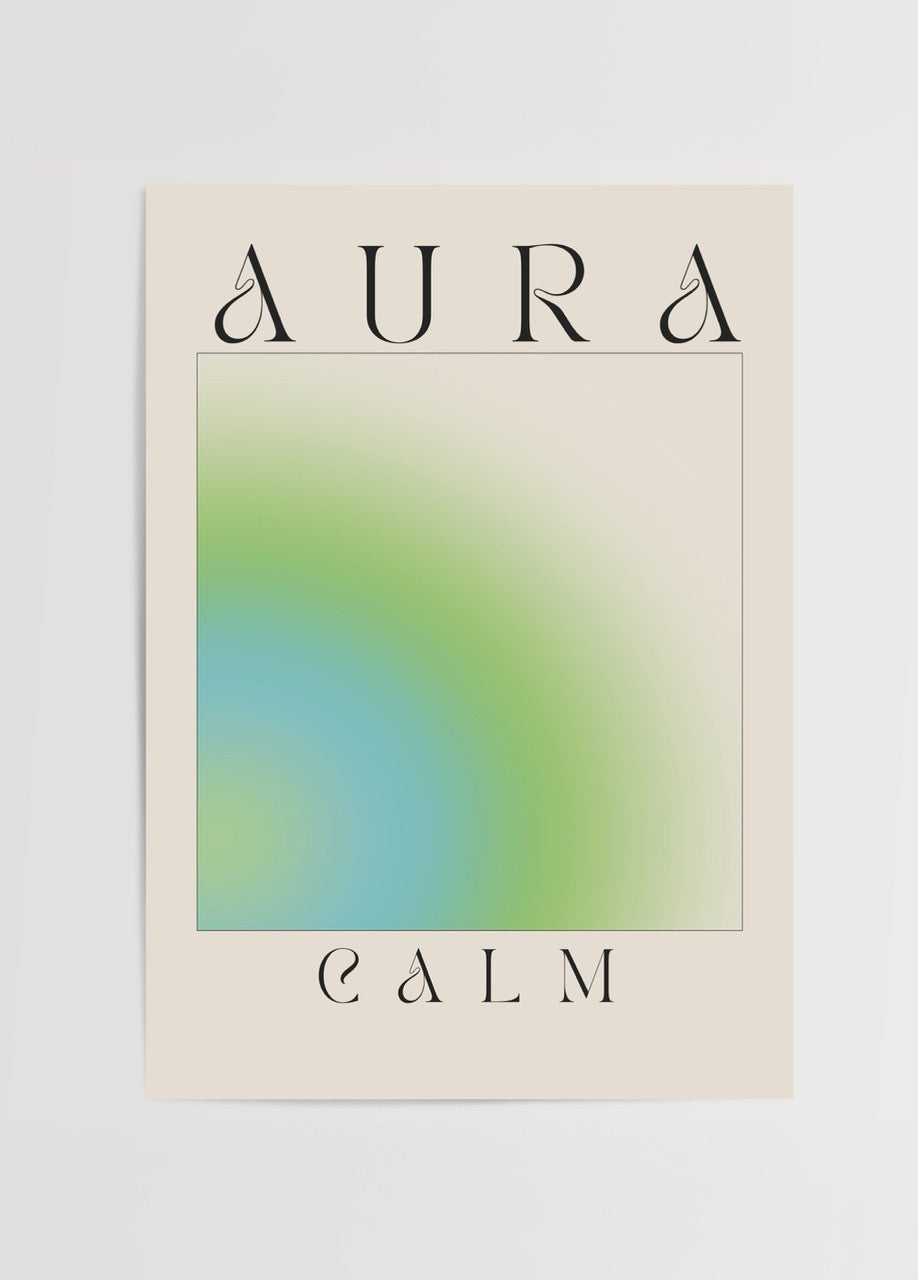 Aura Calm yeşil ve mavi geçişli minimal poster tasarımı
