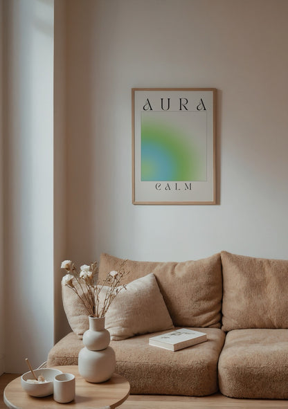 Aura Calm yeşil ve mavi geçişli minimal poster tasarımı