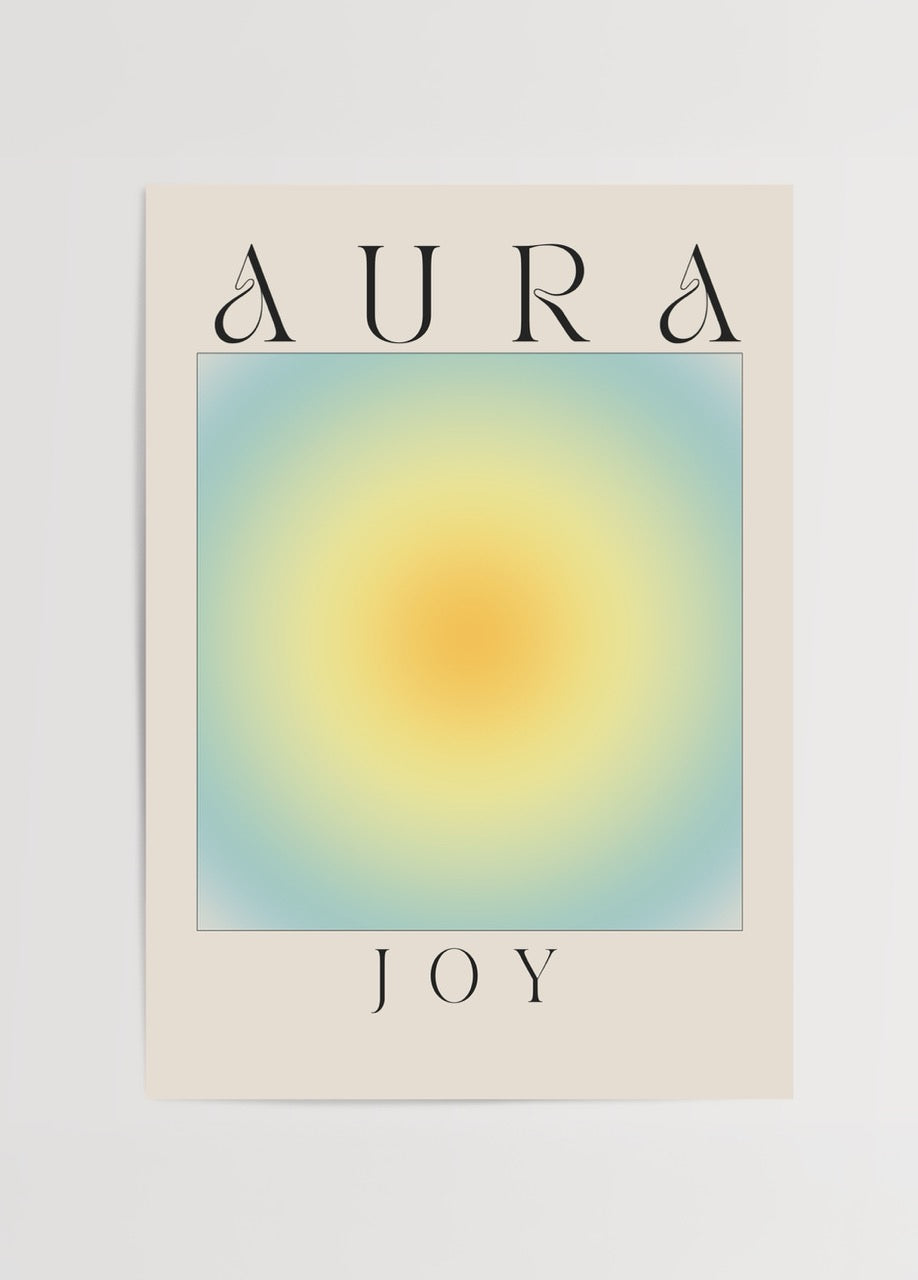 Aura Joy sarı ve mavi geçişli minimal neşe temalı poster tasarımı