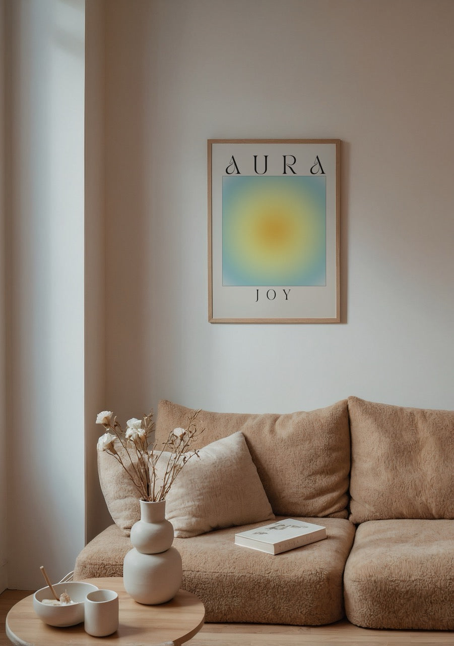 Aura Joy sarı ve mavi geçişli minimal neşe temalı poster tasarımı