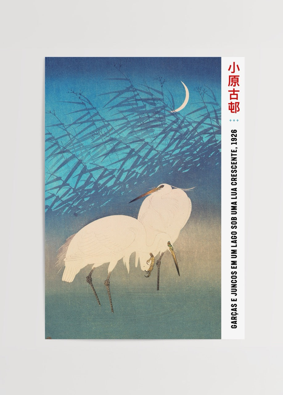 Ay ışığında göl kenarında duran garçaların tasvir edildiği Japon estetiği poster