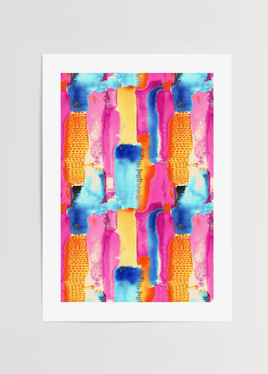 Ayfer Yılmaz’ın Color Reborn adlı soyut renkli eseri – mavi, fuşya, sarı ve turuncu tonlarında modern sanat posteri.