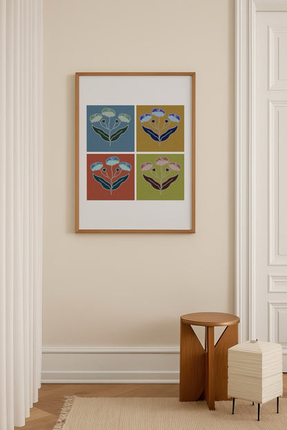 Ayfer Yılmaz’ın Floral Quartet adlı eseri – dört renkli çiçek kompozisyonundan oluşan modern sanat posteri.