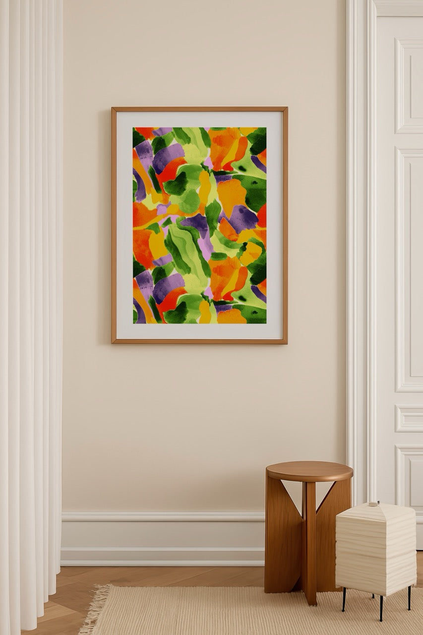 Ayfer Yılmaz’ın Nature’s Rhythm adlı soyut doğa temalı eseri – yeşil, mor, sarı ve turuncu tonlarında modern sanat posteri.