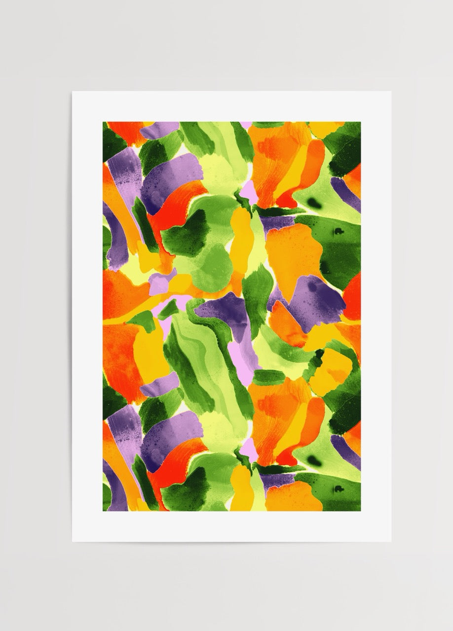 Ayfer Yılmaz’ın Nature’s Rhythm adlı soyut doğa temalı eseri – yeşil, mor, sarı ve turuncu tonlarında modern sanat posteri.