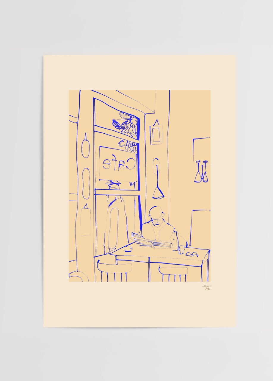 Atölye Noi imzalı Back to Town posteri, kafede gazete okuyan figür çizimiyle minimalist şehir temalı sanat baskısı.