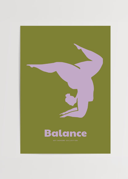 Zeytin yeşili zemin üzerine lavanta moru el duruşu yapan kadın figürü, altında “Balance” yazısı bulunan minimalist poster