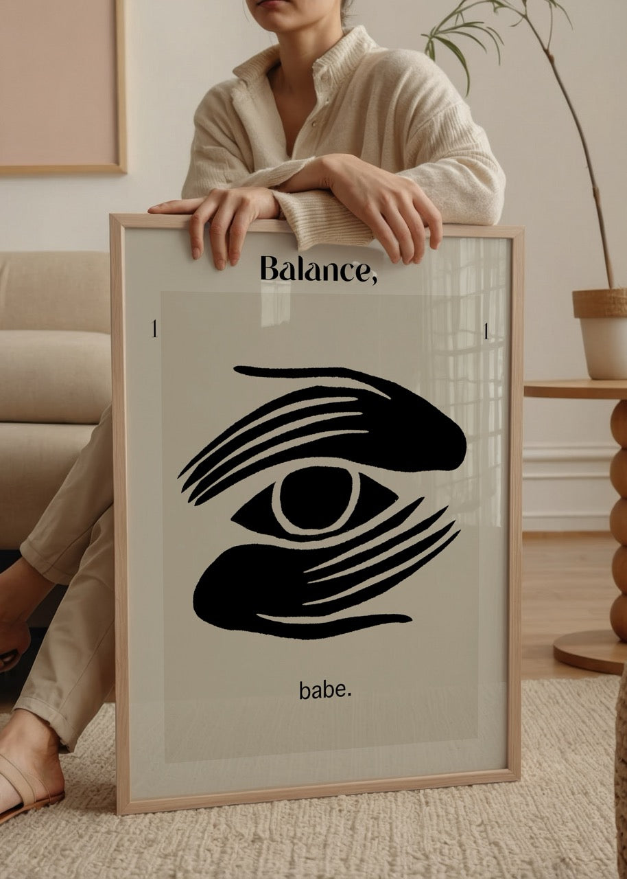 Siyah ve bej tonlarında minimalist Balance, Babe poster baskı