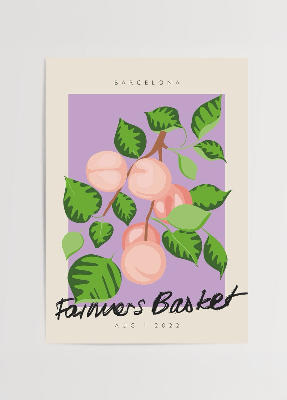 Mor fon üzerinde şeftali ve yeşil yaprak illüstrasyonlu Barcelona Farmers Basket posteri
