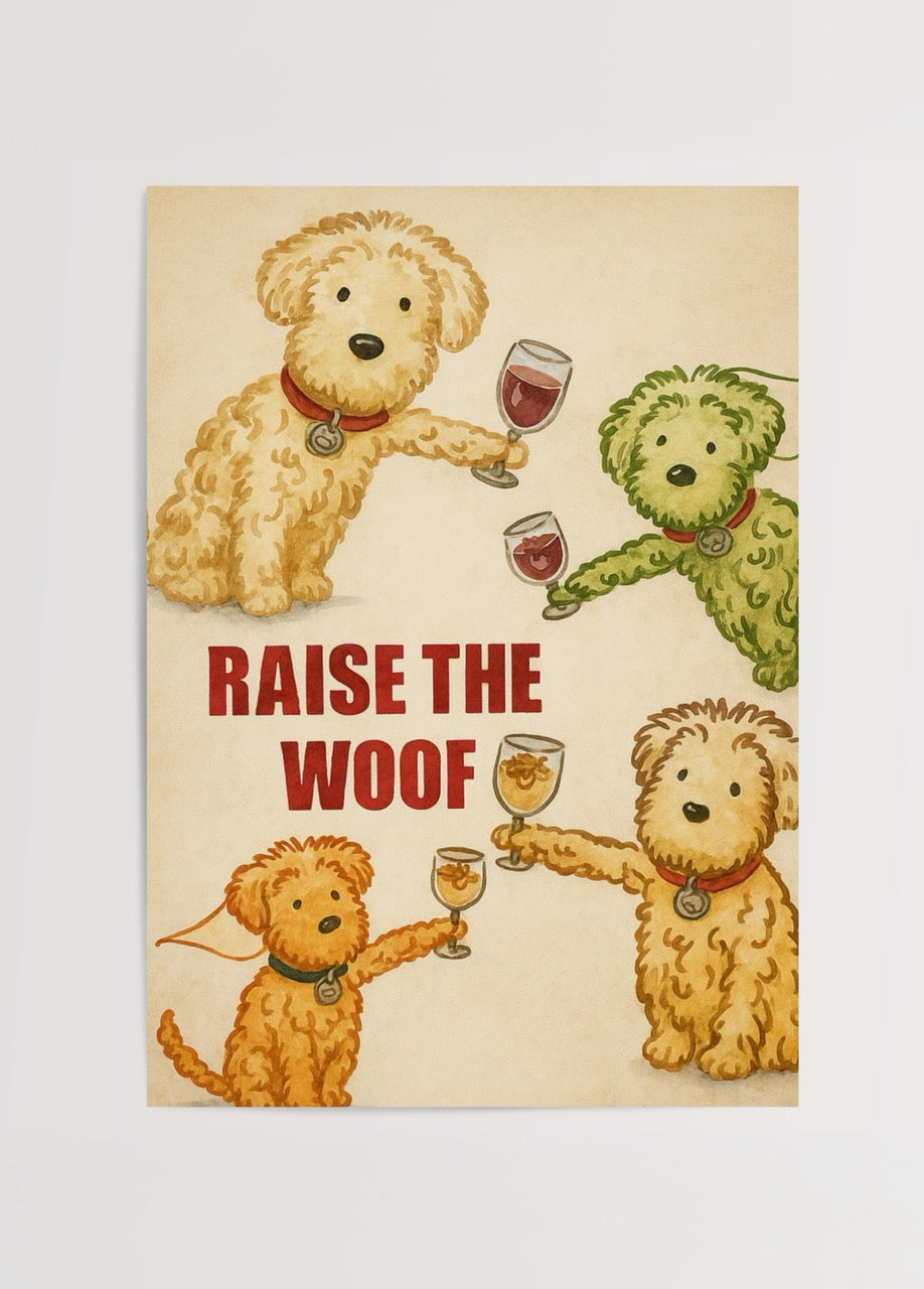 Kadeh kaldıran sevimli köpek illüstrasyonlarının yer aldığı “Raise the Woof” yazılı eğlenceli poster tasarımı.