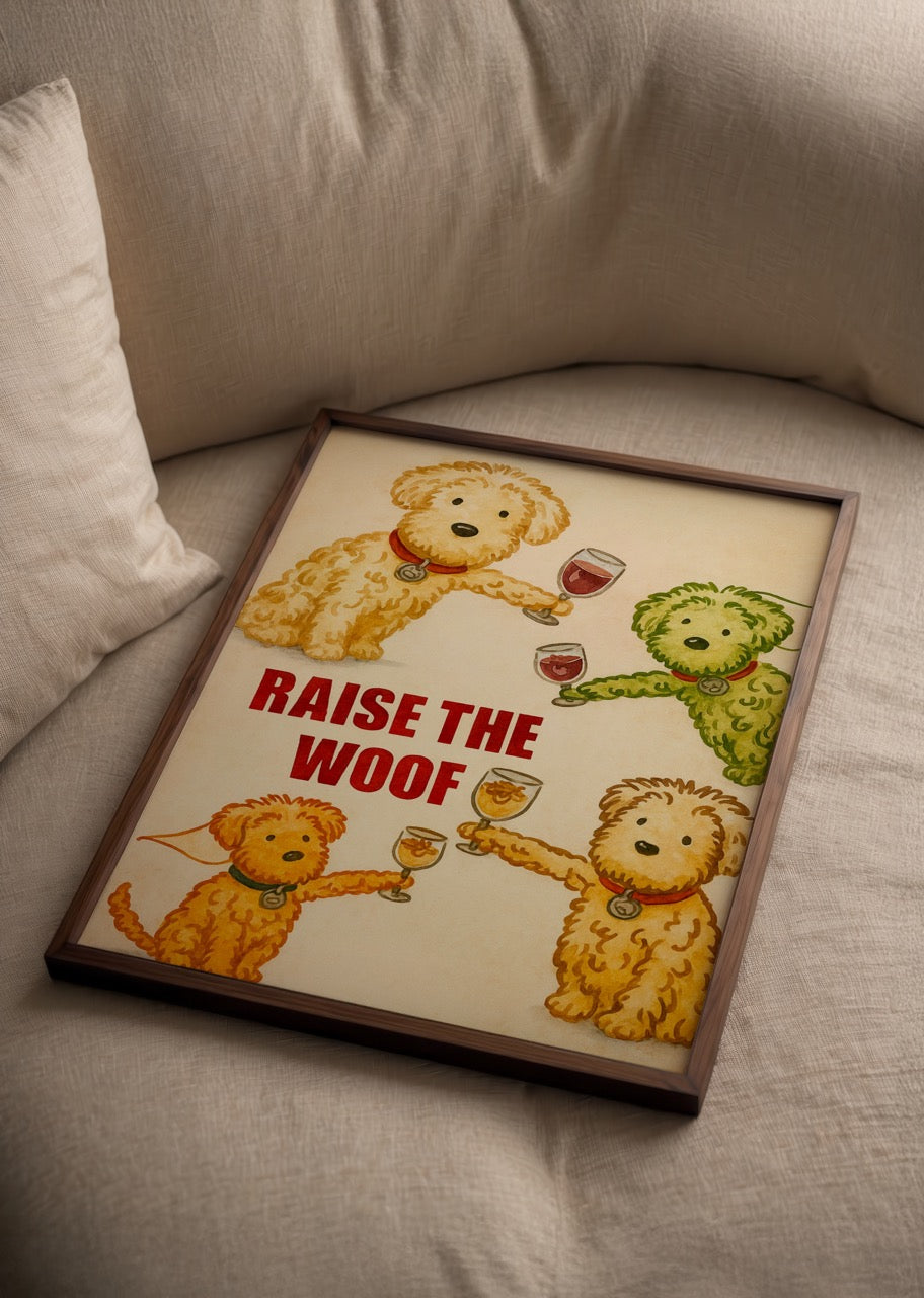 Kadeh kaldıran sevimli köpek illüstrasyonlarının yer aldığı “Raise the Woof” yazılı eğlenceli poster tasarımı.