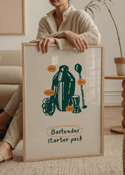 Shaker, strainer, jigger ve bar kaşığı çizimleri içeren “Bartender starter pack” yazılı bej fonlu poster.