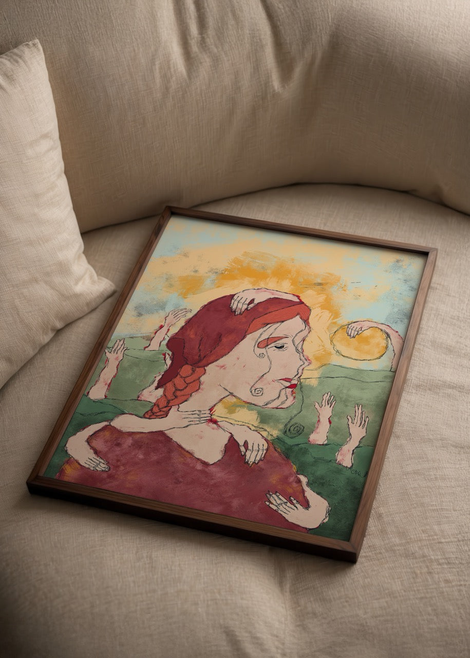 Selma Özgül imzalı “Baskı” posteri – modern sanat, kadın figürü ve sembolik eller