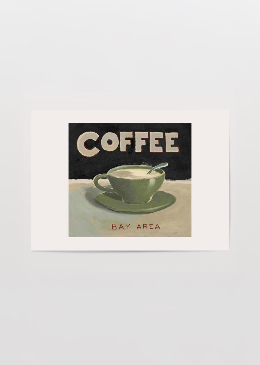 Bay Area yazılı retro tarz yeşil kahve fincanı illüstrasyon posteri