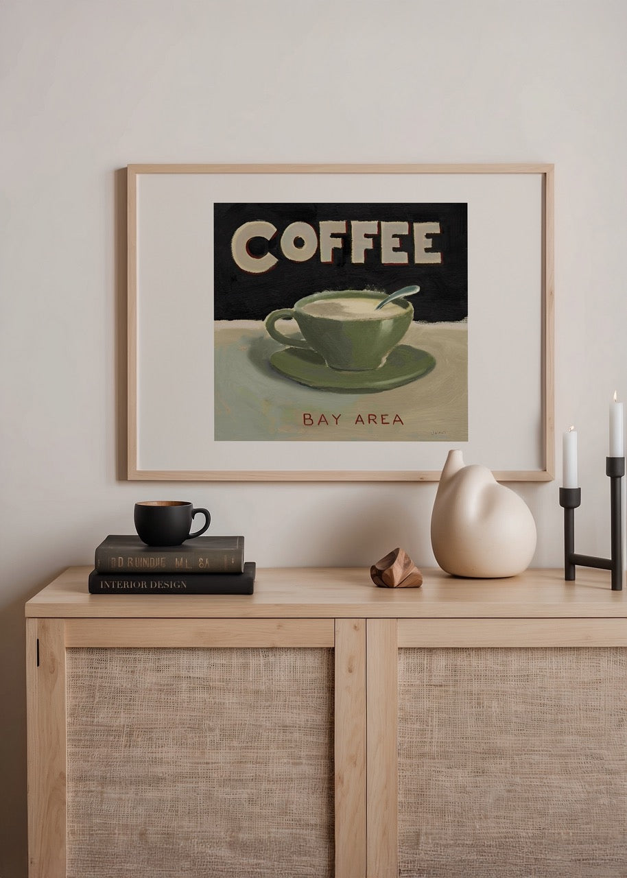 Bay Area yazılı retro tarz yeşil kahve fincanı illüstrasyon posteri