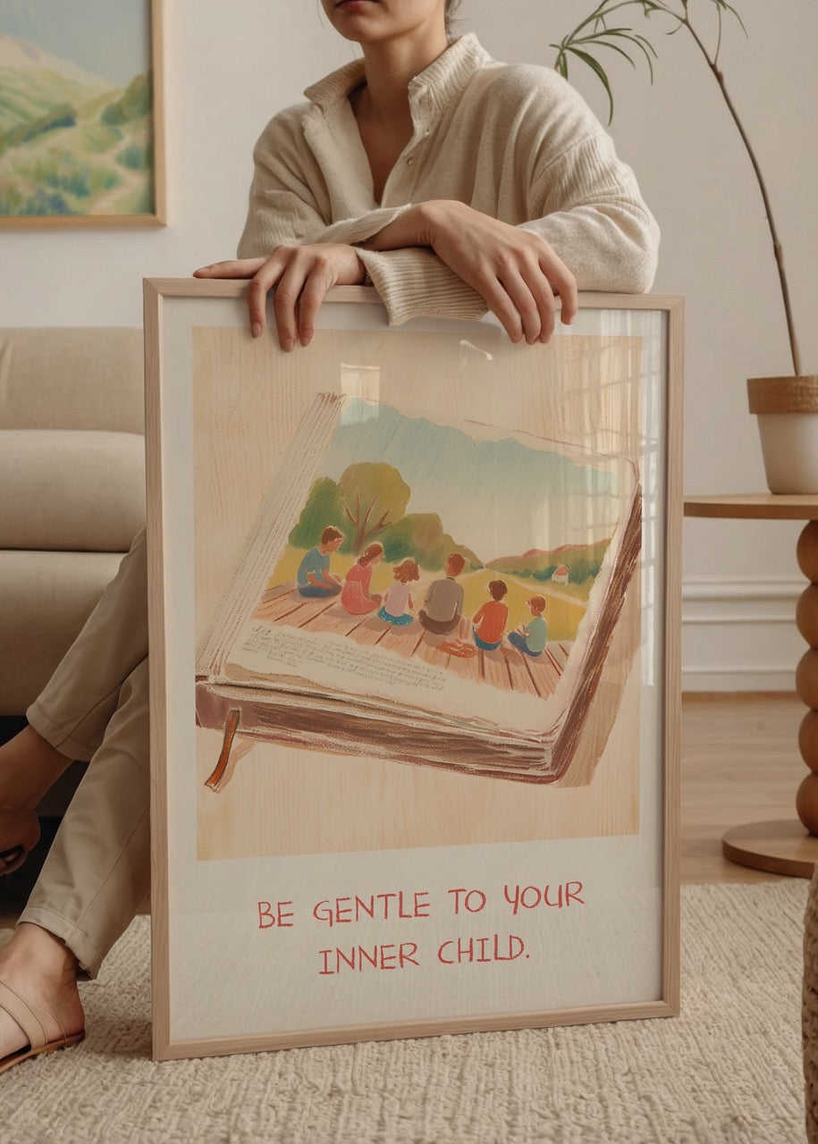 Be Gentle to Your Inner Child yazılı, çocukluk anılarını çağrıştıran illüstrasyonlu poster